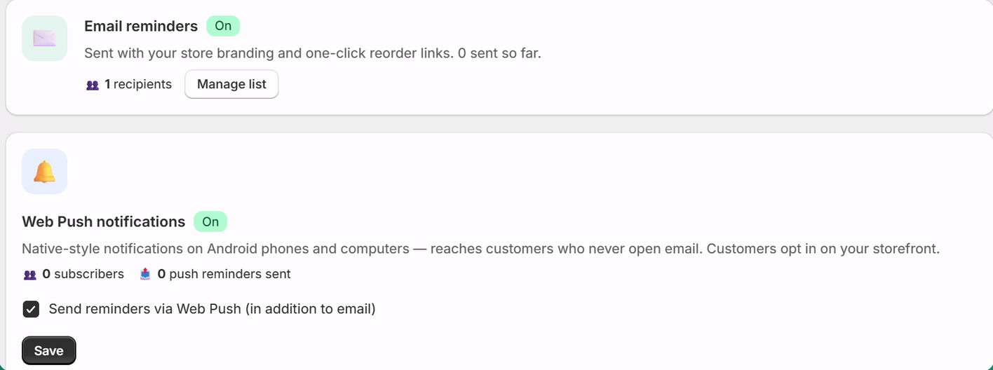 Repeatly channels screen with email reminders and web push settings