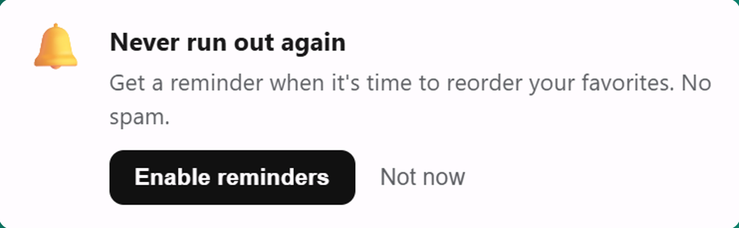 Storefront prompt asking the customer to enable reorder reminders