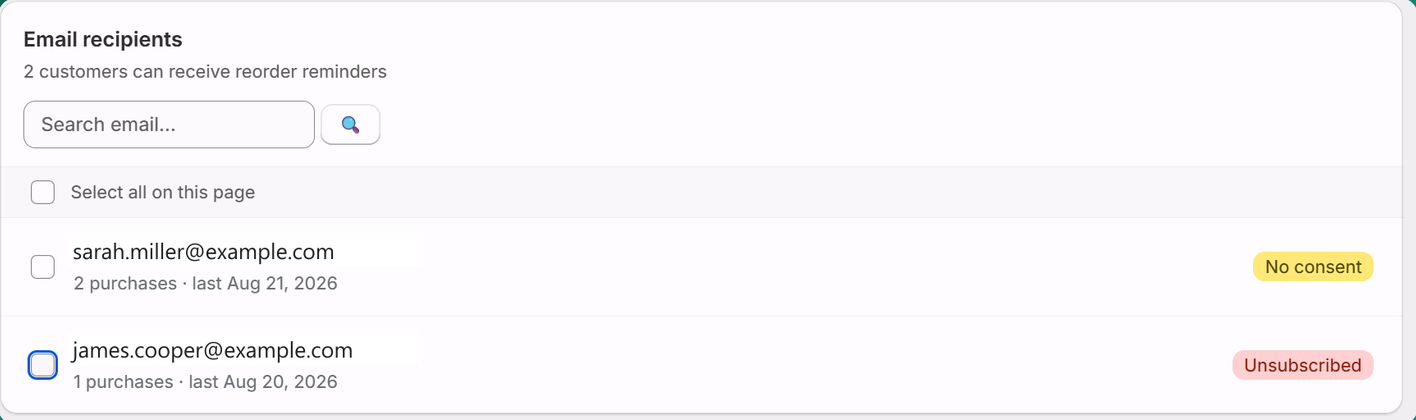 Repeatly recipients list with search, consent badges and bulk selection